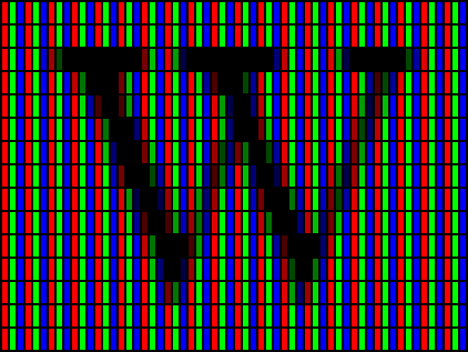 A capital W rendered with ClearType, enlarged until the individual red, green and blue subpixels of each screen pixel are visible.